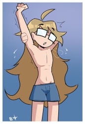 1boy ahoge arm_up artist_sona blightstar blonde_hair boxers cowboy_shot glasses long_hair male male_only original self_insert stretching tagme yawn