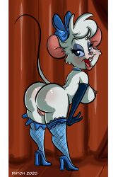 2020 anthro areola armwear big_breasts blue_eyes breasts buckteeth butt clothing curtains digital_media_(artwork) disney dutch_(artist) elbow_gloves eyeshadow female fishnet_clothing fishnet_legwear footwear fur genitals gloves handwear head_bow high_heels leggings legwear lips makeup mammal miss_kitty_mouse mostly_nude mouse murid murine nipples open_mouth rodent shoes solo teeth the_great_mouse_detective thick_thighs vulva white_body white_fur