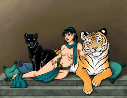 1girls batman:_the_animated_series batman_(series) black_cat black_fur breasts clothes dc_comics dcau feline female feral fur human interspecies lying nipples nude on_front orange_fur panther sitting stripes the_new_batman_adventures thriftie tiger white_fur