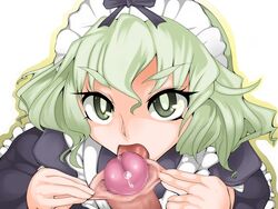 artist_request censored clothing fellatio foreskin green_eyes green_hair hair headdress irotoridori licking licking_penis maid mori_teru mouri_teru oral penis penis_licking precum rance_(series) sengoku_rance