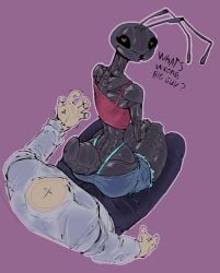 1boy 1girls anger_vein angry ant_girl_(sun_bug) anthro ass_bigger_than_head assjob assjob_through_clothes back back_view big_ass bulge bulge_through_clothing clothing female female_anthro female_focus female_on_top flat_chest fully_clothed grinding grinding_on_penis grinding_through_clothes grinning_at_partner headless heart-shaped_pupils heart_eyes hi_res insect_girl insect_humanoid looking_back male male/female male_human male_human/female_anthro male_human/female_insect oc pants shorts sun_bug tagme text thong