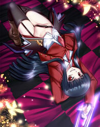 07th_expansion black_hair bottomless butterfly female female_only fingernails grin highres long_fingernails long_hair looking_at_viewer lucifer_(umineko) lying mound_of_venus necktie red_eyes single_shoe slit_pupils smile solo stakes_of_purgatory thighhighs umineko_no_naku_koro_ni upside-down