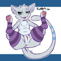 1:1 2025 3_claws 3_toes anthro anus blue_eyes blue_markings blue_stripes blue_tail blush blush_lines claws clothed clothed_anthro clothed_female clothing dated digital_media_(artwork) eyelashes fan_character featureless_chest feet felid feline female female_anthro finger_claws footwear footwear_only front_view fur genitals green_eyes hair heterochromia hi_res inner_ear_fluff legendary_pokemon legs_up legwear looking_at_viewer mammal markings mew_(pokemon) mostly_nude mostly_nude_anthro mostly_nude_female multicolored_tail mythical_pokemon nintendo open_mouth pattern_clothing pattern_footwear pattern_legwear pattern_socks pawpads pink_pawpads pink_vulva pokemon pokemon_(species) presenting purple_clothing purple_footwear purple_socks purple_stripes rathmutatio red_tongue semi-anthro signature simple_background smile smiling_at_viewer socks socks_only solo spread_legs spreading striped_body striped_clothing striped_footwear striped_fur striped_markings striped_socks striped_tail stripes tail tail_markings toe_claws toes tongue tuft two_tone_tail vulva white_body white_claws white_ears white_fur white_hair white_inner_ear white_inner_ear_fluff white_tail yuki_(side_b)