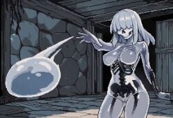 1girls ai_generated bones breasts female goo_creature hair_over_eyes horror horror_(theme) large_breasts lime_(paigen) monster_girl original original_character paigen pixel_art pussy skeleton skull skull_face slime slime_girl undead visible_skeleton white_hair
