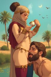 1boy1girl ai_generated arabian_clothes arabian_female bored cunnilingus desert dominant_female drinking_tea fantasy female_focus femdom hijab licking_pussy muslim_female naked_breasts stockings submissive_male