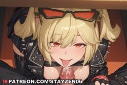1boy 1girl after_fellatio ai ai_art ai_generated all_fours black_gloves black_jacket blonde_hair blush breasts cum cum_in_mouth erection eyewear_on_head fellatio fingerless_gloves gloves hetero imminent_fellatio jacket licking_penis long_hair looking_at_viewer medium_breasts nipples oral penis pov pov_crotch red_eyes skirt smile solo_focus spikes thighhighs tinted_eyewear tongue tongue_out twintails uncensored under_table zenless_zone_zero