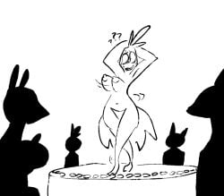 anthro avian bird blush chicken chiclet_(roommates) confusion dancing female five_nights_at_freddy's five_nights_at_freddy's_2 galliform group hands_behind_head nervous nervous_smile nude phasianid pose question_mark roommates:motha scottgames silhouette the_weaver