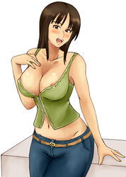 1girls areola_slip belt blush breasts brown_eyes brown_hair cleavage erect_nipples female female_only jeans long_hair mamo midriff nico_robin nipple_slip nipples one_piece pants pre-timeskip rirakukan sitting solo