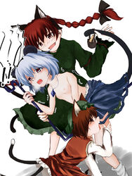 animal_ears braid brown_hair cat_ears cat_tail chen female flat_chest grey_hair jewelry licking mouse_ears mouse_tail multiple_girls multiple_tails nazrin nipples pendant red_hair rin_kaenbyou sunaya_yanokura sunaya_yanokura_(pixiv) tail topless touhou uncensored yuri