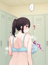 ... 1girls aqua_bra bra breasts brown_eyes brown_hair female large_breasts locker locker_room looking_back original original_character ponytail sanaan39 short_hair sideboob sweat