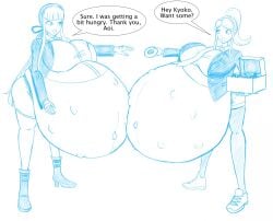 1girls 2girls aoi_asahina asahina_aoi blue_eyes blue_eyes_female danganronpa danganronpa:_trigger_happy_havoc dark-skinned_female dark_skin english_text female female_only fetal_movement kicking_(pregnancy) kirigiri_kyouko looking_at_viewer looking_back looking_back_at_viewer pregnant pregnant_belly pregnant_female sketch solo spooky-gh0st super_belly talking_to_another text uncolored