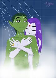 1boy 1boy1girl 1girls abs beast_boy cartoon_network dc dc_comics dcau demon_girl female/male forehead_jewel garfield_logan green_eyes green_hair green_skin grey_skin hand_on_chest hug hugging intimate long_hair married_couple metahuman monster_boy nippleless_male pale-skinned_female pale_skin pecs pointy_ears purple_hair rachel_roth raven_(dc) ring romantic scorpia sharp_teeth shower showering steam straight straight_hair superhero superheroine teen_titans wedding_ring wholesome