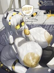 absurd_res absurd_resolution big_breasts breasts_bigger_than_head complaining double_ponytail epokguyz hair_ribbon high_resolution highres hyper_breasts hyper_penis j_(murder_drones) male/female murder_drones n_(murder_drones) paizuri precum precum_bubble smug_face sweaty_breasts tagme thought_bubble
