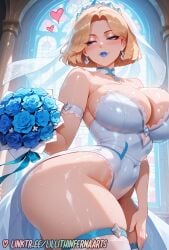 1girls ai_generated ass blonde_hair blue_eyes blue_lipstick blue_nails blush bob_cut bouquet breasts bride bride_veil church cleavage clothing curvaceous curvy emma_frost emma_frost_(marvel_rivals) female female_only flower forehead from_side huge_breasts jewelry large_breasts lillith_inferna_arts lips logo looking_away marvel marvel_comics marvel_rivals persyarts shiny_skin short_hair skindentation smile solo stable_diffusion thick_thighs thighhighs thighs tiara watermark wedding_lingerie