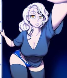 big_breasts clothed_female lovetopullmicke margaret_(persona) no_sex older_female panties_only persona persona_4 thighhighs white_hair yellow_eyes