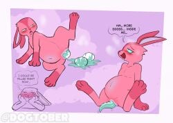 ambiguous_gender anthro big_belly blush blush_lines bodily_fluids digital_media_(artwork) digitigrade dogtober east_(dogtober) egg egg_laying english_text fur hi_res lagomorph leporid mammal rabbit raised_leg red_body red_fur saliva saliva_string solo text