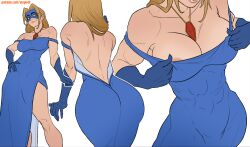 areola_slip ass bare_back bare_shoulders blonde_blazer blonde_hair blue_eyes blue_gloves blue_mask breasts cleavage closed_mouth clothes_pull collarbone covered_abs covered_navel cowboy_shot dispatch_(game) dress_pull elbow_gloves eye_mask feet_out_of_frame female from_behind gem gloves hand_on_own_hip highres jewelry large_breasts leaning_forward lips long_hair looking_to_the_side mask muscular muscular_female necklace nose outline red_gem sidelocks simple_background smile stopu white_background white_outline