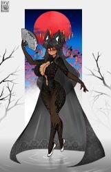 2026 absurd_res animal_humanoid areola black_hair breasts cape clothing dress eye_patch eyewear female fingers genitals hair halotroll hand_fan hi_res humanoid pussy_floss red_eyes solo translucent translucent_clothing vulva