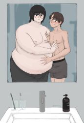 2boys belly belly_grab bhm erection erection_under_clothes escintry fat fat_belly fat_male gay grabbing_belly looking_in_mirror male_only mirror moobs moobs_grab muscular_male overweight overweight_male size_difference yaoi