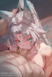 1boy 1girl 2026 ai_generated animal_ear_fluff animal_ears aqua_eyes blue_eyes blush breasts carmeno collarbone earrings feixiao_(honkai:_star_rail) fellatio fingerless_gloves forehead_mark fox_ears grey_hair hetero high_ponytail highres honkai:_star_rail irrumatio jewelry large_breasts long_hair looking_at_viewer nsfw nude oral parted_bangs penis ponytail pov saliva solo_focus tassel tassel_hair_ornament uncensored white_hair