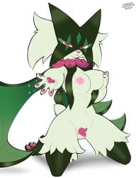 2026 absurd_res amazinggwen anthro areola big_breasts biped breasts female female_anthro fur generation_9_pokemon genitals green_body green_fur green_tail hi_res kneeling looking_at_viewer meowscarada nintendo nipples pink_areola pink_eyes pink_nipples pokemon pokemon_(species) pubes solo tail vulva