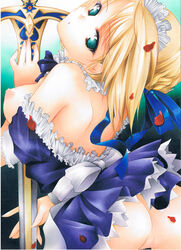 artoria_pendragon ass ayatori bare_shoulders breasts caliburn fate/stay_night fate_(series) hair_ribbon maid nipples open_mouth petals pussy ribbon saber sword traditional_media type-moon uncensored weapon