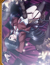 07th_expansion black_hair bondage bottomless butterfly chains fingernails highres long_fingernails long_hair lucifer_(umineko) lying necktie red_eyes reflection single_shoe stakes_of_purgatory thighhighs umineko_no_naku_koro_ni upside-down