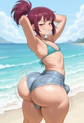 1boy 1femboy 2025 ai_generated alternate_version_available aqua_bikini aqua_bikini_top armpits arms_up ass ass_bigger_than_head balls beach big_ass bikini bikini_top bulge civitai codexaigen crossdressing dat_ass erection erection_in_shorts erection_under_clothes erection_under_clothing erection_under_shorts femboy feminine_male girly jean_shorts large_ass looking_at_viewer looking_back outdoors outside ponytail short_shorts shorts smile smiling solo testicles thick_thighs thighs trap