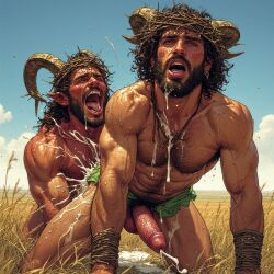 ai_generated beard big_penis blasphemy christianity cum_on_body cum_on_face demon devil devil_horns ejaculating_cum ejaculation excessive_cum gothkelt hairy_armpits hairy_ass hairy_chest hairy_male horns jesus_christ male male_only muscular muscular_male penis red_skin satan satan_(christianity)