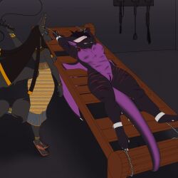 ankles_tied anthro anthro_dominating_anthro anthro_on_anthro anubian_jackal blindfold blindfold_only bondage bound breasts bullwhip canid canine canis chains cuff_(restraint) dominant dominant_female dominatrix dragon dungeon duo female female/female female_dominating_female freelapse genitals hands_tied hi_res jackal mammal mythological_creature mythological_scalie mythology nipple_clamp nipples nude nude_female_clothed_female restraints scalie shackles stretch_rack submissive submissive_female torture vulva whip whip_mark whipping