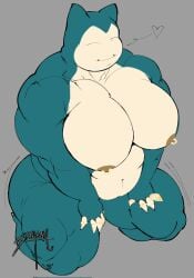 1boy 2026 bara bara_ass bara_tits barazoku freeposers hands_on_legs muscular nipple_piercing nipples pokemon pokemon_(species) smile snorlax solo solo_male