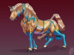 animal_genitalia animal_penis balls clothing collar digital_media_(artwork) equid equine equine_genitalia equine_penis erection feral fishnet_clothing fur genitals hooves horse jaribka legwear looking_at_viewer male mammal penis simple_background smile solo stockings tail urethra