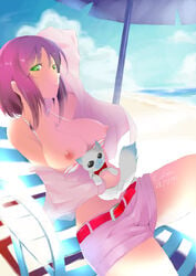 beach breasts ecchi-pantsu ecchi_pantsu feline female green_eyes nipples open_clothes open_shirt purple_hair rio_-rainbow_gate!- rio_rollins short_hair super_blackjack