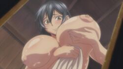 1girls after_bath bathing big_breasts big_nipples blue_hair blush breast_lift breasts_bigger_than_head erect_nipples fit heavy_breasts holding_breast huge_breasts kaneko_hiraku large_breasts lifting_breast lifting_breasts light-skinned_female light_skin long_hair manyuu_chifusa manyuu_hikenchou naked naked_female narcissism nipples nude nude_female pink_nipples pleasure_face pride screencap smile smug sweat thick top_heavy towel underboob voluptuous washing