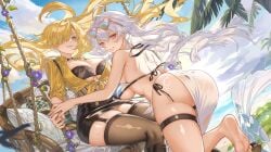 2girls ass big_ass big_breasts bikini black_bra blonde_hair blue_eyes bra cleavage enigma_of_sepia female female_only garter_straps genderswap_(mtf) ginara_(enigma_of_sepia) gintama gintoki_sakata hair_over_one_eye heart-shaped_eyewear lazee_b looking_at_viewer looking_back miniskirt nylons one_piece parody red_eyes rule_63 sandra_(enigma_of_sepia) sarong shiny_skin sideboob silver_hair sunglasses sunglasses_on_head thick_thighs thigh_strap thighhighs tied_shirt underboob very_long_hair vinsmoke_sanji white_hair zettai_ryouiki