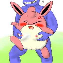 blush carrying closed_eyes color female feral interspecies long_ears machoke male nipples nude open_mouth pink_skin pokemon pokemon_(species) standing tagme vulva white_skin wigglytuff