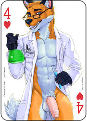 2018 abs anthro balls blue_eyes bottomless canine card clothed clothing coat english_text eyewear fonyaa foreskin fox fur glasses half-erect holding_object humanoid_penis lab_coat looking_at_viewer male male_only mammal muscular muscular_male orange_fur pecs penis playing_card red_fox science simple_background smile solo standing teeth text uncut vial white_background white_balls white_fur