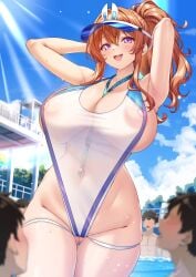 2d 2d_(artwork) areola_slip areolae areolae_visible_through_clothing arms_behind_back aroused aroused_male big_breasts blush blushing boobs breasts brown_dust_(series) brown_dust_2 curvy curvy_female curvy_figure huge_areolae huge_breasts huge_nipples japanese_text large_breasts lifeguard male_watching merufena necklace_between_breasts nipples one-piece_swimsuit ponytail pool poolside pose posing public_pool purple_eyes red_hair redhead see-through see-through_clothing see-through_swimsuit swimsuit text text_bubble tits wet_body wide_hips zenith_(brown_dust) zenith_(poolside_guardian)_(brown_dust)