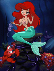 1girls ariel breasts crab disney female hair interspecies long_hair male mermaid mermaid_tail nipples red_hair seashell_bra sebastian_(disney) sergevirusx tagme the_little_mermaid topless underwater