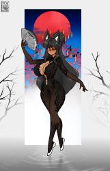 2026 absurd_res animal_humanoid areola black_hair breasts clothing dress eye_patch eyewear female fingers genitals hair halotroll hand_fan hi_res humanoid pussy_floss red_eyes solo translucent translucent_clothing vulva