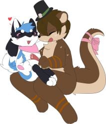 absurd_res accessory ambiguous_gender anthro blush bodily_fluids bow_ribbon clothing cloud_flooff duo eyes_closed fan_character furgonomics generation_4_pokemon genital_fluids hat headgear headwear hi_res intersex intersex/male male mammal mustelid nintendo otter paws pokemon pokemon_(species) precum ribbons riolu river_otter sex sweat sweatdrop tail tail_accessory tail_bow tail_ribbon thigh_sex toby_(otter) top_hat