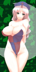 braid breasts casual_one-piece_swimsuit eirin_yagokoro green_eyes hat highleg highleg_swimsuit huge_breasts large_breasts long_hair one-piece_swimsuit silver_hair swimsuit touhou tro white_hair