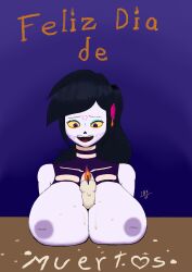 1girls 2d black_hair breasts candle catalina_la_catrina dia_de_los_muertos face_paint long_hair looking_down lord_blackshade_87 nipples open_mouth png purple_skin sexually_suggestive smiling solo solo_female spanish_text table tagme_(artist) text wax_on_breasts yellow_eyes