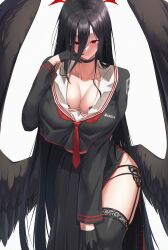 1girls absurdres black_choker black_gloves black_hair black_panties black_serafuku black_skirt black_thighhighs black_wings blue_archive blush breasts choker cleavage closed_mouth collarbone commentary crop_top emblem feathered_wings female female_only finger_to_mouth garter_belt gloves hair_between_eyes half_gloves hand_on_own_knee hand_up hasumi_(blue_archive) highres large_breasts light_particles long_bangs long_hair long_sleeves looking_at_viewer low_wings midriff mole mole_under_eye necktie oversized_wings painter_j panties panty_peek pleated_skirt red_eyes red_necktie sailor_collar school_uniform serafuku side_slit simple_background skirt smile solo standing string_panties thighhighs underwear very_long_hair white_background white_sailor_collar wings
