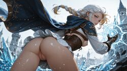 4k ai_generated anus ass blizzard_entertainment blonde_hair blue_eyes braid braided_ponytail breasts cape casting_spell corset female from_behind gauntlets ice jaina_proudmoore looking_at_viewer looking_back magic multicolored_hair nipples no_panties outdoors pussy skirt solo stable_diffusion two-tone_hair uncensored warcraft wetartist white_hair world_of_warcraft