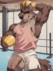 abs ai_generated anthro balls boxing_gloves brown_fur canine clothing dreamworks english_text feet_out_of_frame foreskin gloves looking_at_viewer male male_only mr._wolf_(the_bad_guys) muscular muscular_male nipples open_mouth pecs penis raygarwolf solo sweaty talking_to_viewer tank_top the_bad_guys wolf yellow_sclera
