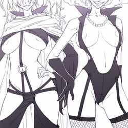 2girls breasts canon_genderswap emporio_ivankov female female_only fishnet_legwear fishnet_stockings fishnets garter_straps genderswap_(mtf) gloves grin head_out_of_frame horu_horu_no_mi large_breasts legwear monochrome mosha no_bra one_piece pearl pearls rule_63 sadi-chan sadi_(one_piece) smile straight_hair thighhighs