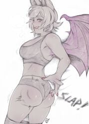 animal_ears armpits artist_name ass back bare_shoulders bat_ears bat_girl bat_wings blue_eyes blush bra breasts commentary english_commentary female fingernails from_behind grey_panties grin highres humanization large_breasts lips looking_at_viewer looking_back mole mole_under_mouth navel oerba_yun_fang panties rouge_the_bat sega short_hair sitting sketch slapping smile solo sonic_(series) sonic_the_hedgehog_(series) sound_effects spanking_self tabletorgy teeth thighs traditional_media underwear white_hair wings
