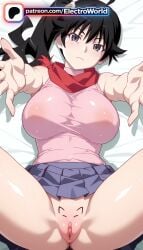 1girl 1girls 2026 ai_generated araragi_karen artist_name bed bed_sheet big_breasts big_chest big_tits black_eyes black_hair blush boobs breasts bust busty chest clitoral_hood electroworld exposed_pussy female female_only foreshortening hi_res high_quality high_resolution highres juicy_pussy large_breasts laying_down legs_apart legs_spread looking_at_viewer lying lying_on_back monogatari_(series) naoetsu_high_school_uniform on_back on_bed open_legs outstretched_arm outstretched_arms outstretched_hand patreon patreon_username pink_shirt pussy reaching reaching_out red_scarf scarf skirt solo splayed_legs spread_legs stable_diffusion tight_pussy tits uncensored vagina watermark