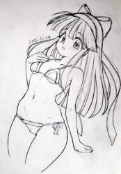 1girls arm_support bikini breasts dated female female_only hair_ribbon hand_on_own_chest highres king_of_fighters legs long_hair looking_at_viewer monochrome nakoruru navel open_mouth ribbon samurai_shodown santa_bikini santa_costume side-tie_bikini_bottom sketch small_breasts snk solo swimsuit thighs toned traditional_media underboob
